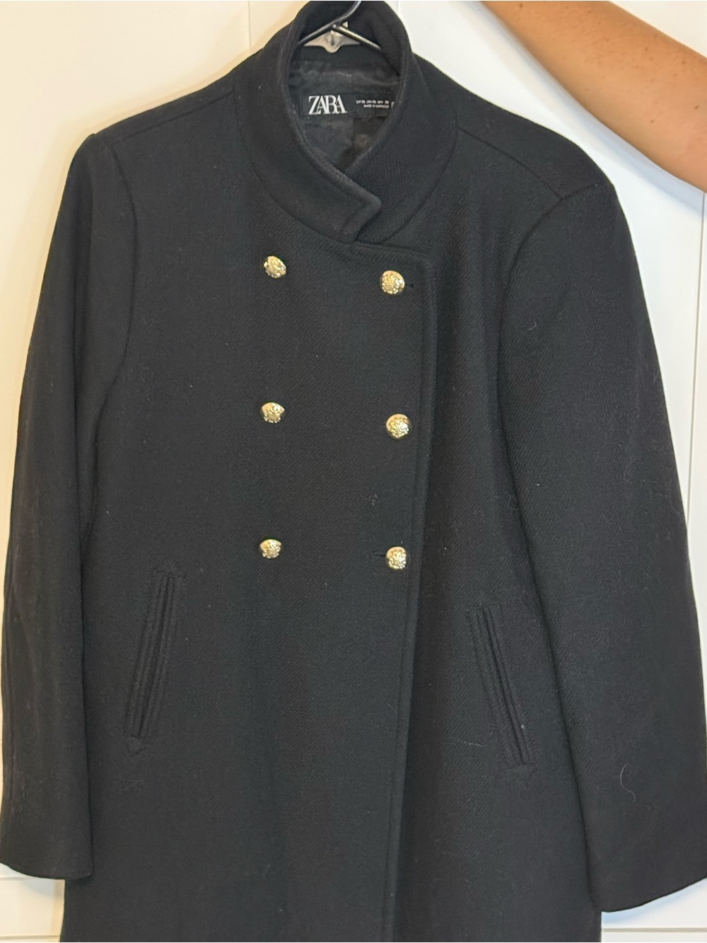ZARA Black Double-Breasted Pea Coat with Gold Buttons